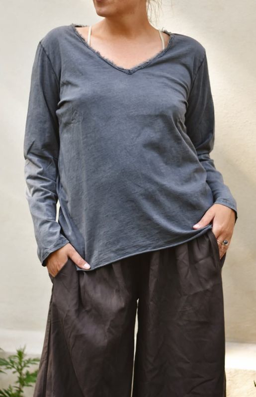 Dark Grey - Classic V-hals Langermet T-skjorte
