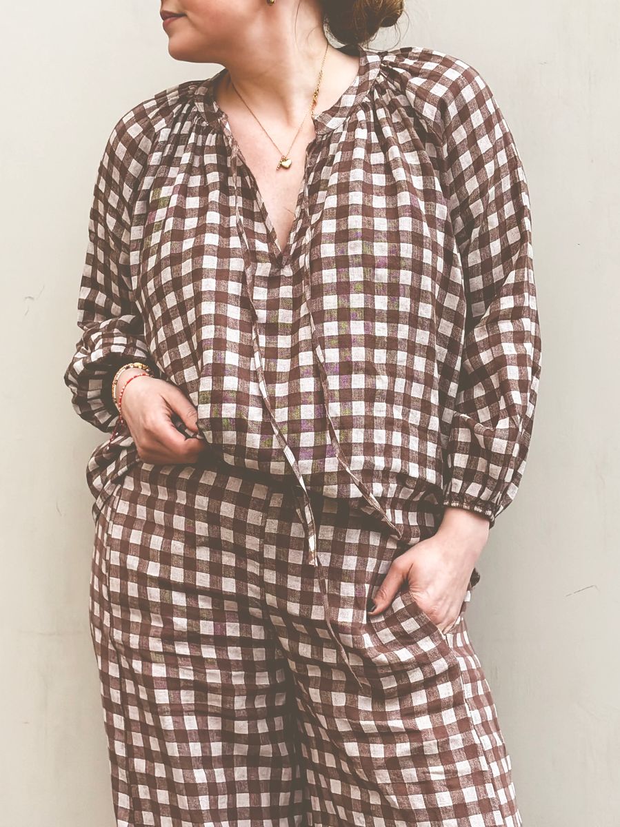 Brun/Hvit - Caja linbluse