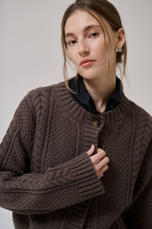 Brown - Heather ls knit cardigan