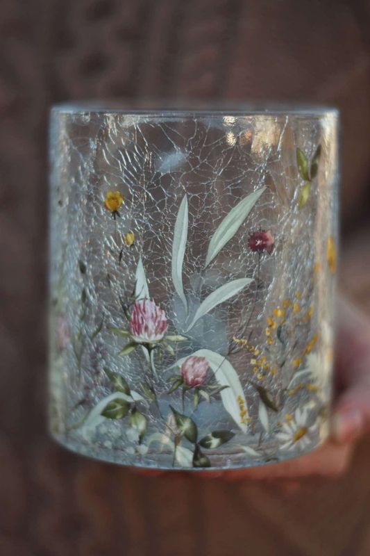 Gul/rosa Blomstereng Stort Krakelert Lysglass