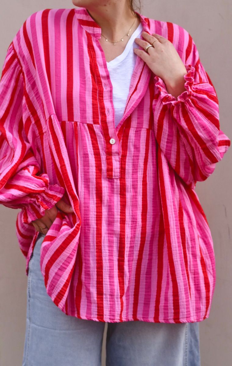 Rød/rosa - Oversized stripet Bomulls Bluse
